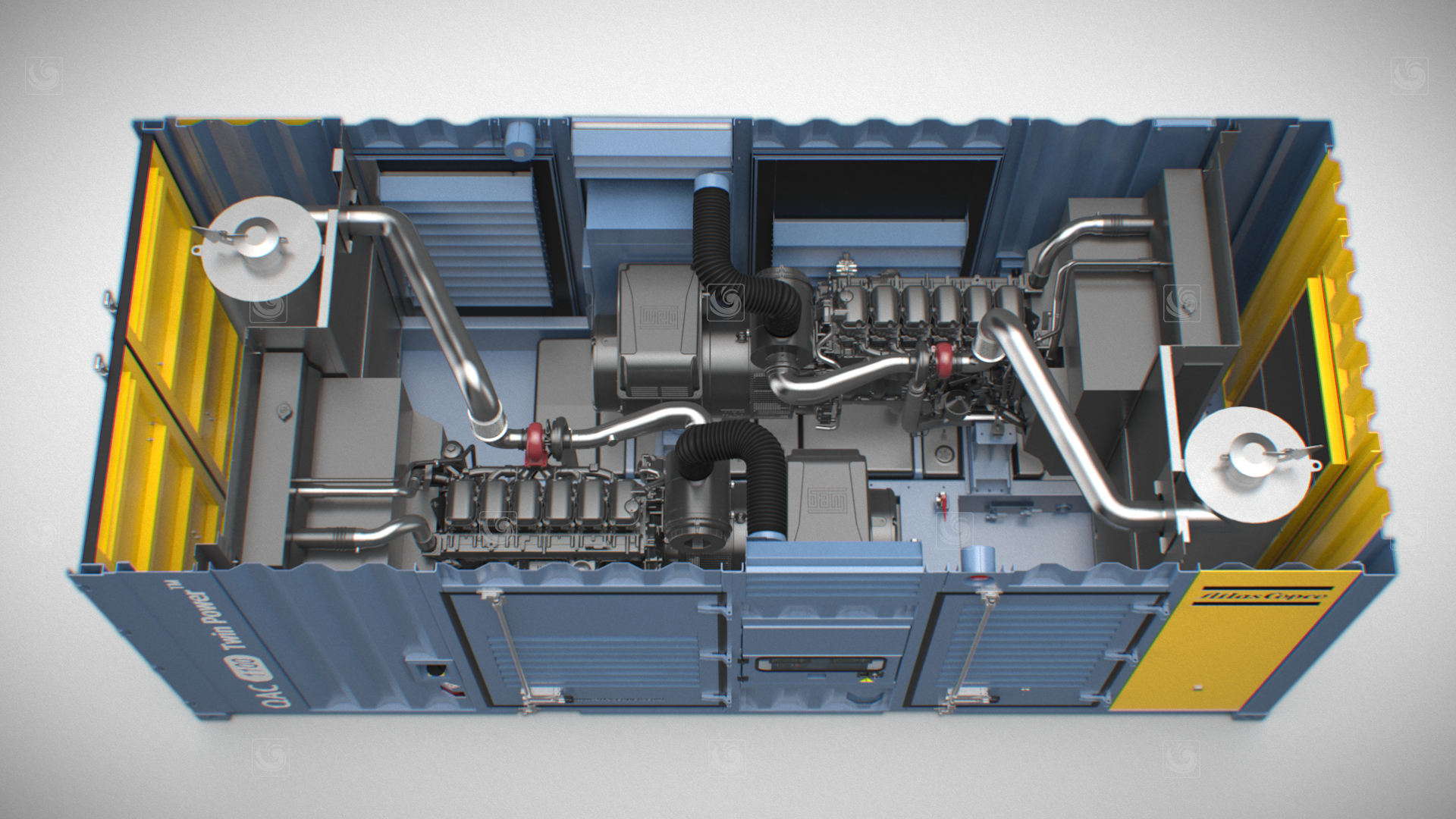 Fotograma de animación 3D mostrando la vista cenital de un generador de Atlas Copco