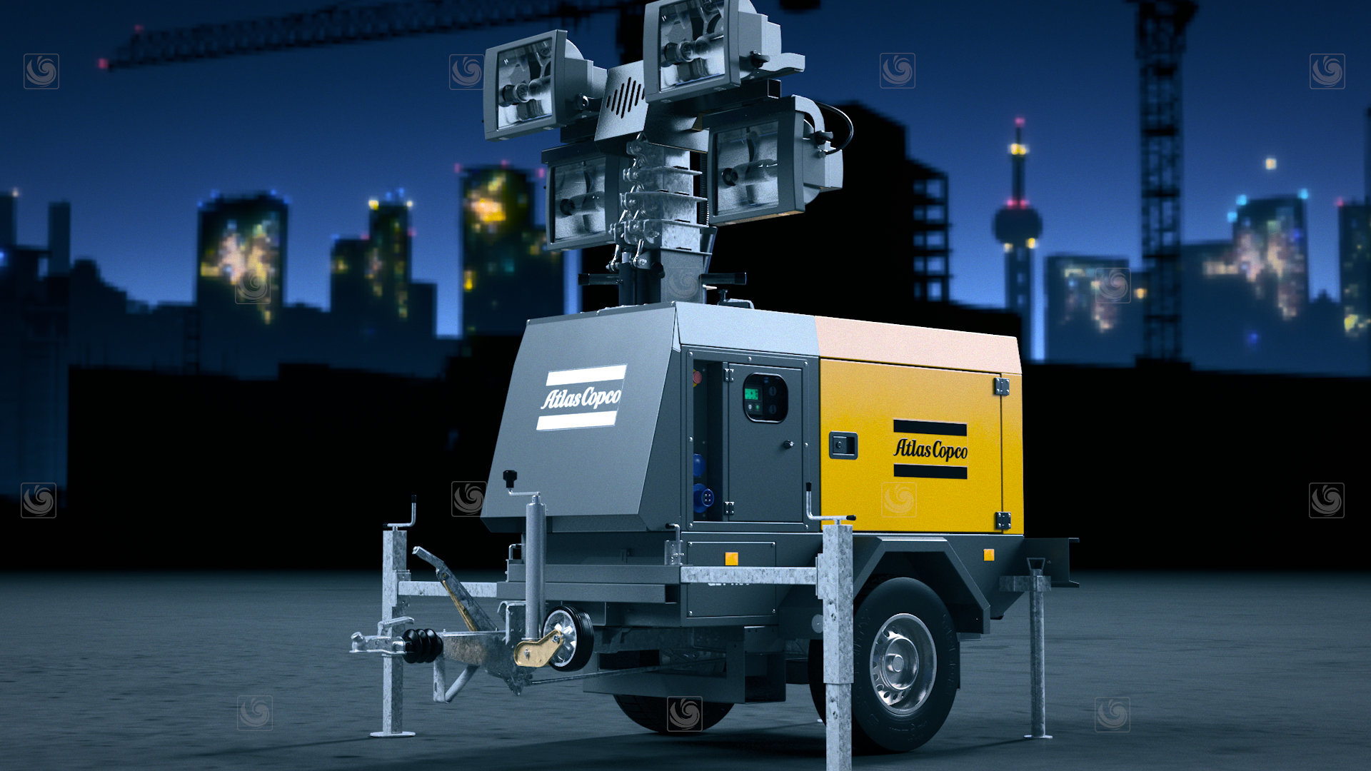 Videoframe from a 3D animation showing an Atlas Copco machinery