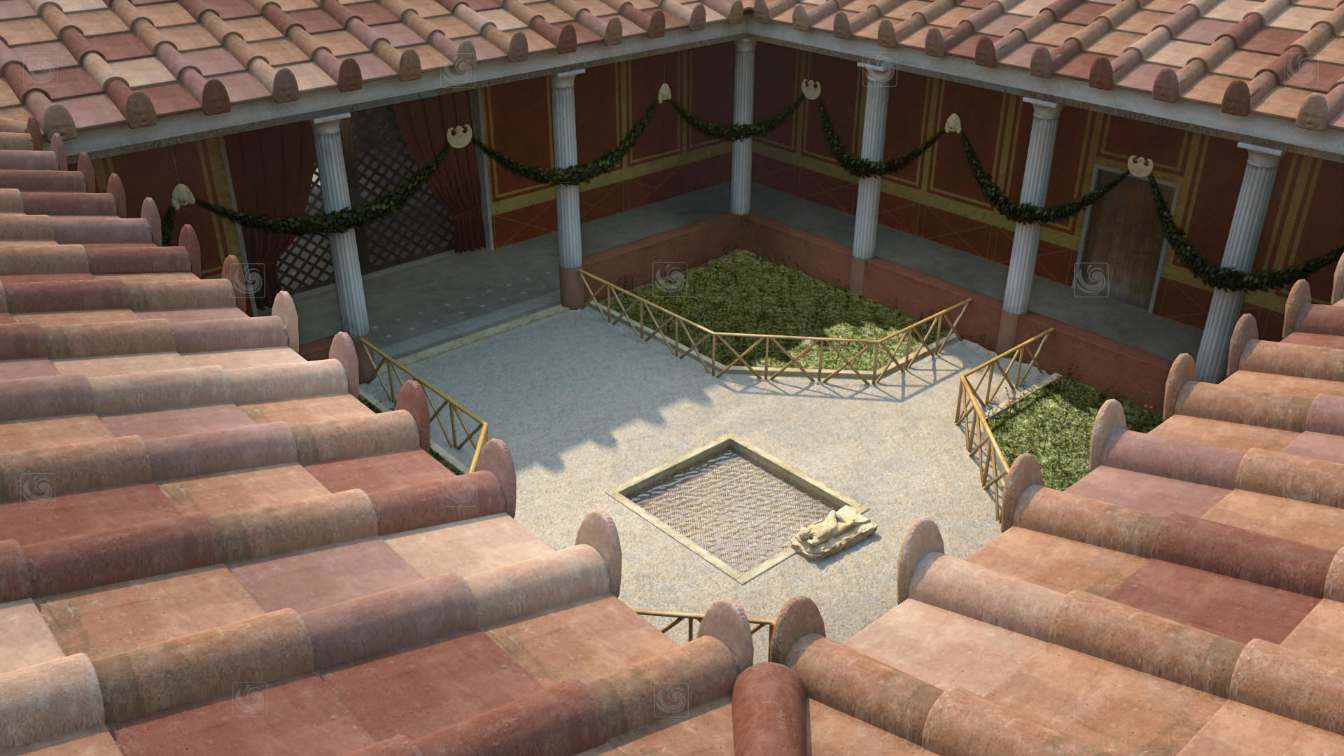 Fotograma de animación 3D mostrando una vista general de un patio romano
