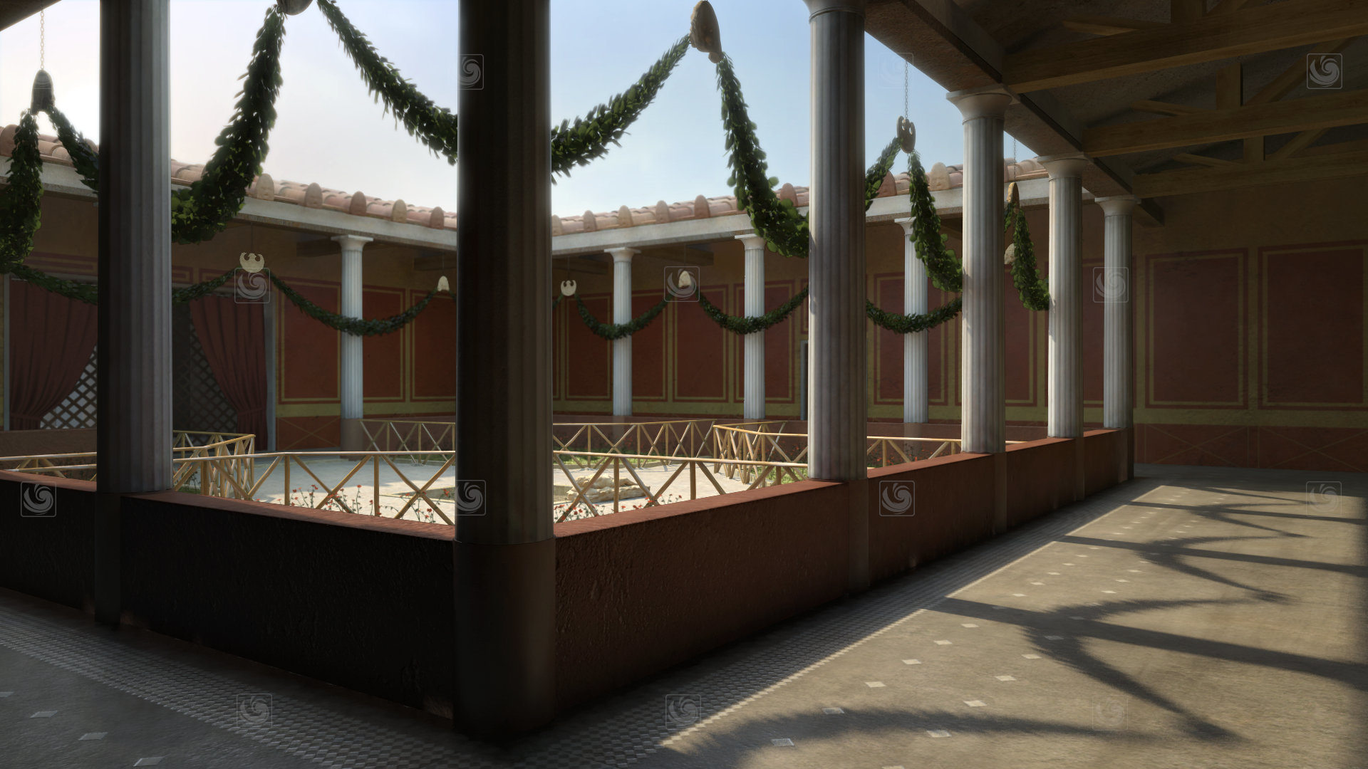 Fotograma de animación 3D mostrando una vista subjetiva de un patio romano