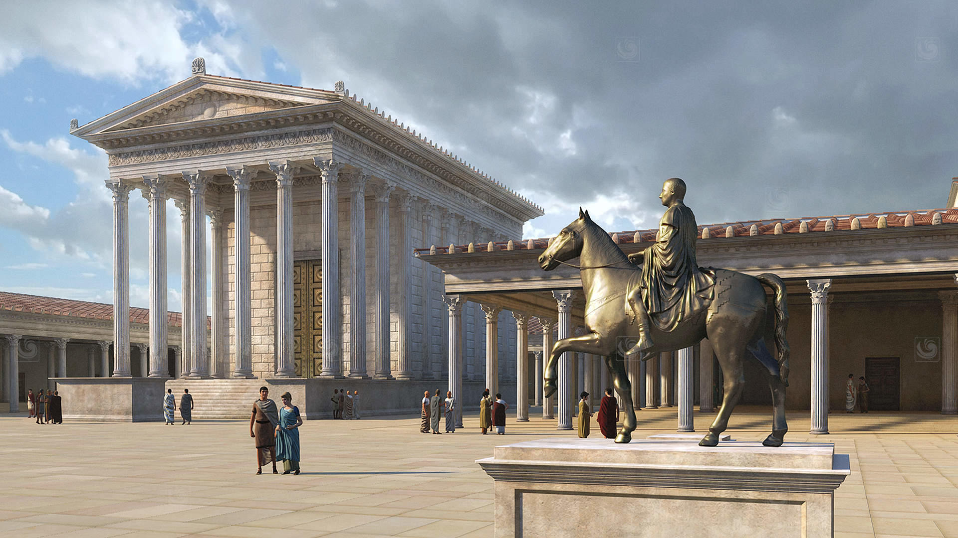 3D animation video frame showing the statue of Tiberius in the ancient Forum of Caesaraugusta