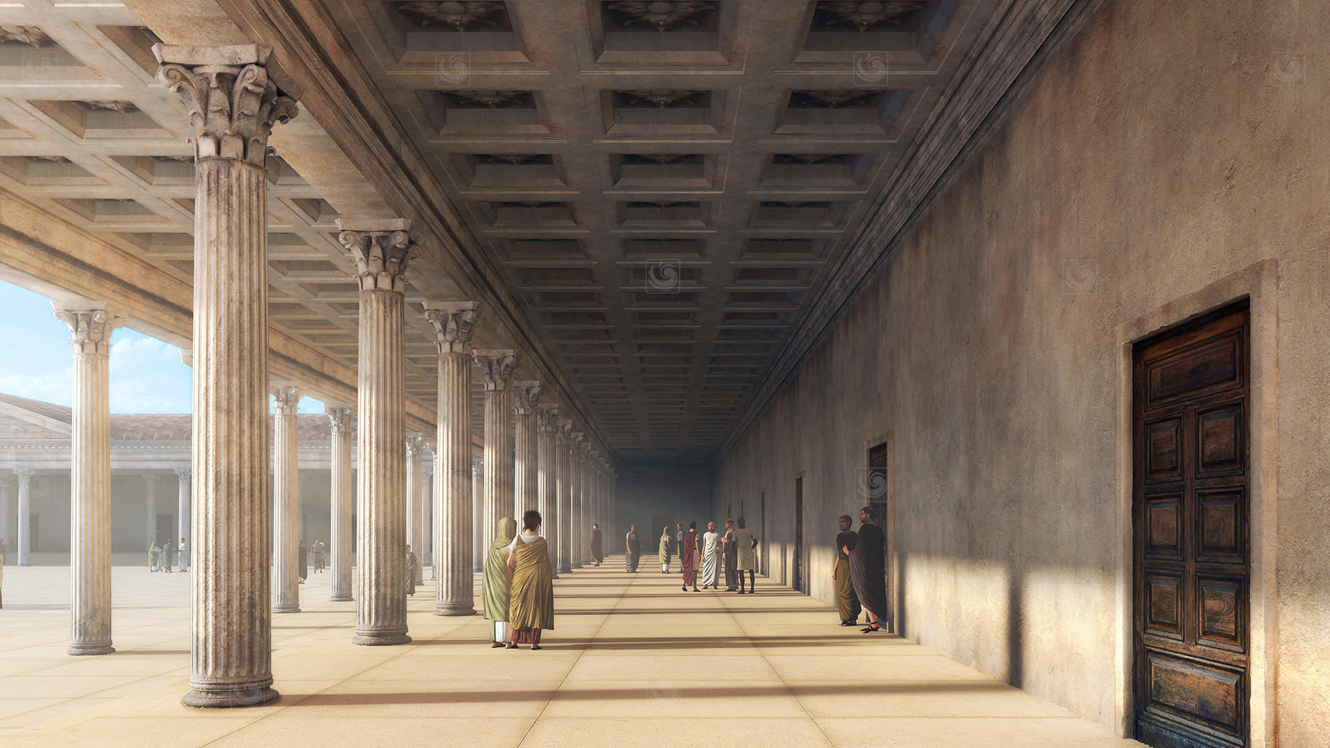 3D animation frame showing the porticoed corridors of the ancient Forum of Caesaraugusta