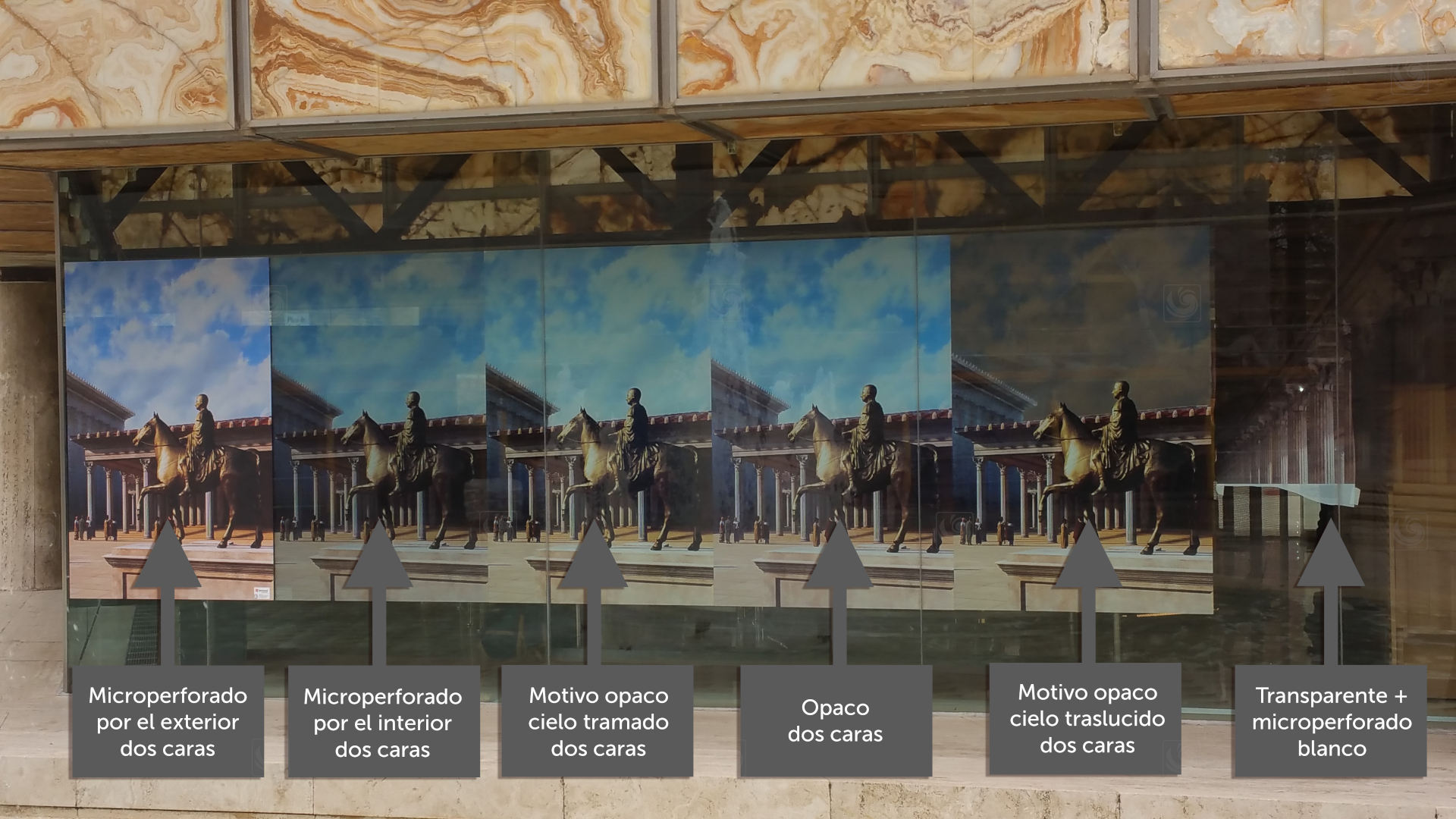Pruebas de aspecto del trampantojo para el Museo del Foro de Caesaraugusta con distintos tipos de vinilos