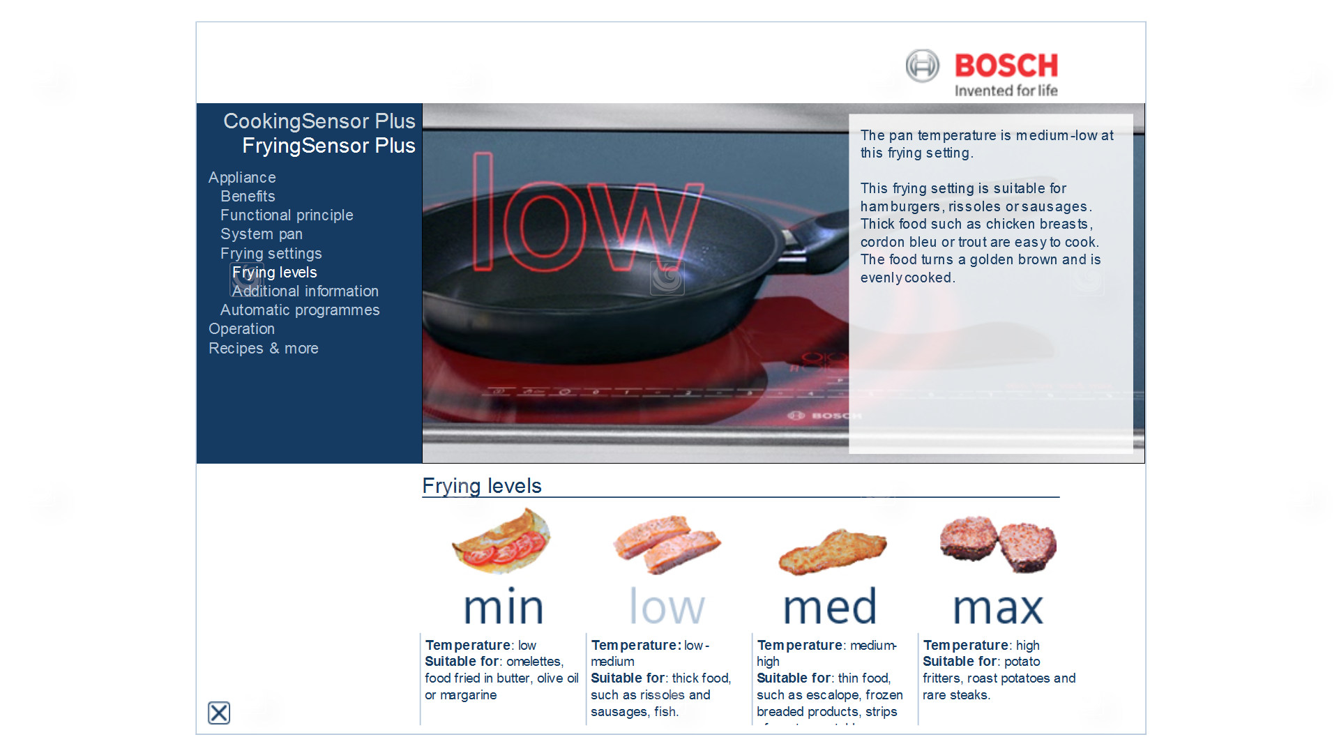 Pantalla de aplicación web para Bosch mostrando distintas niveles de fritura de sus placas de inducción