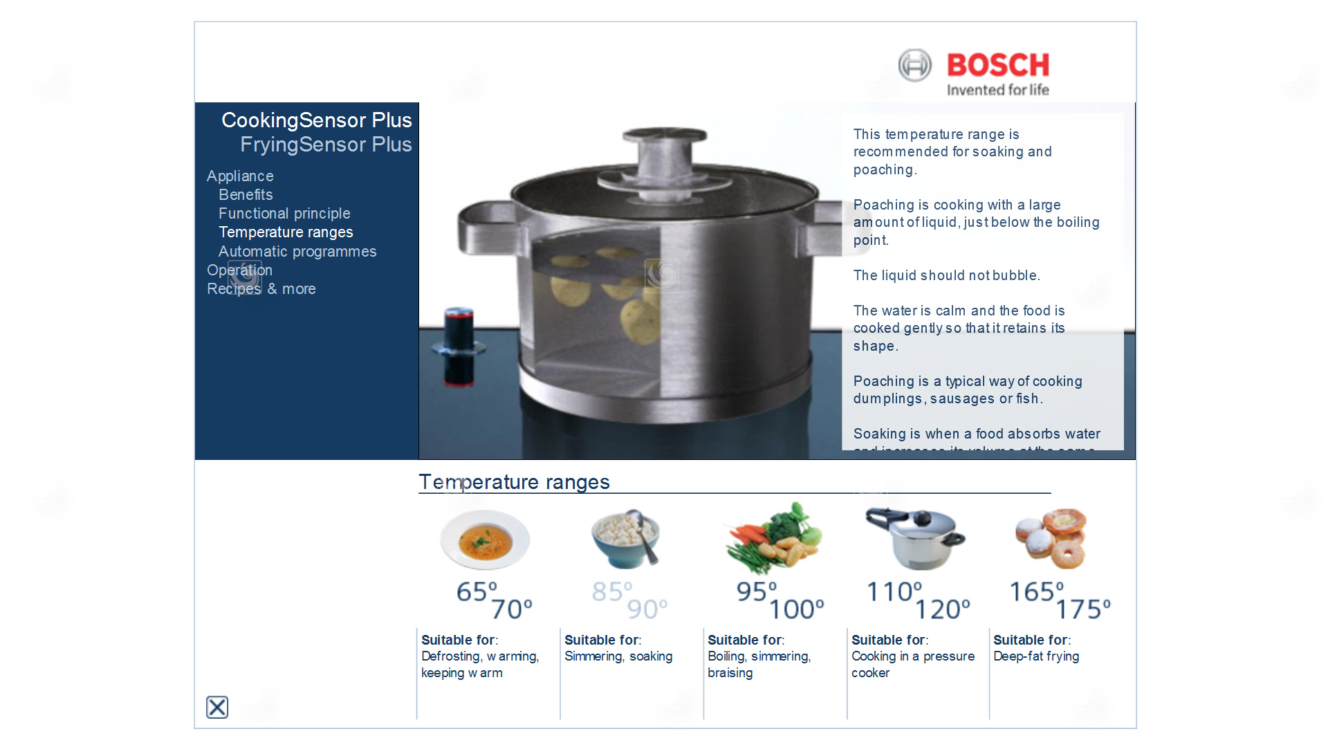 Bosch's web application screenshot showing different temperatures of its induction cooktops