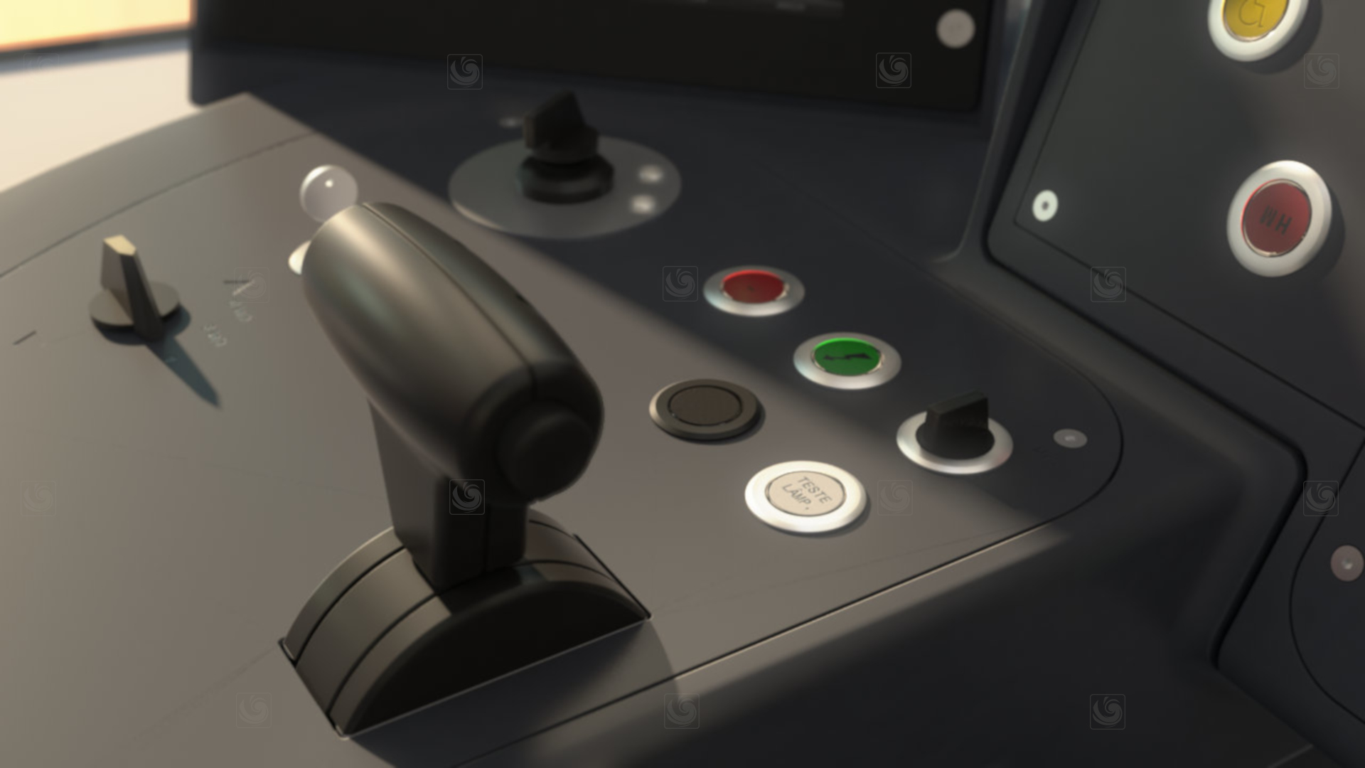 Fotograma de animación 3D mostrando detalles del pupitre de conducción de una cabina de tren ligero de CAF