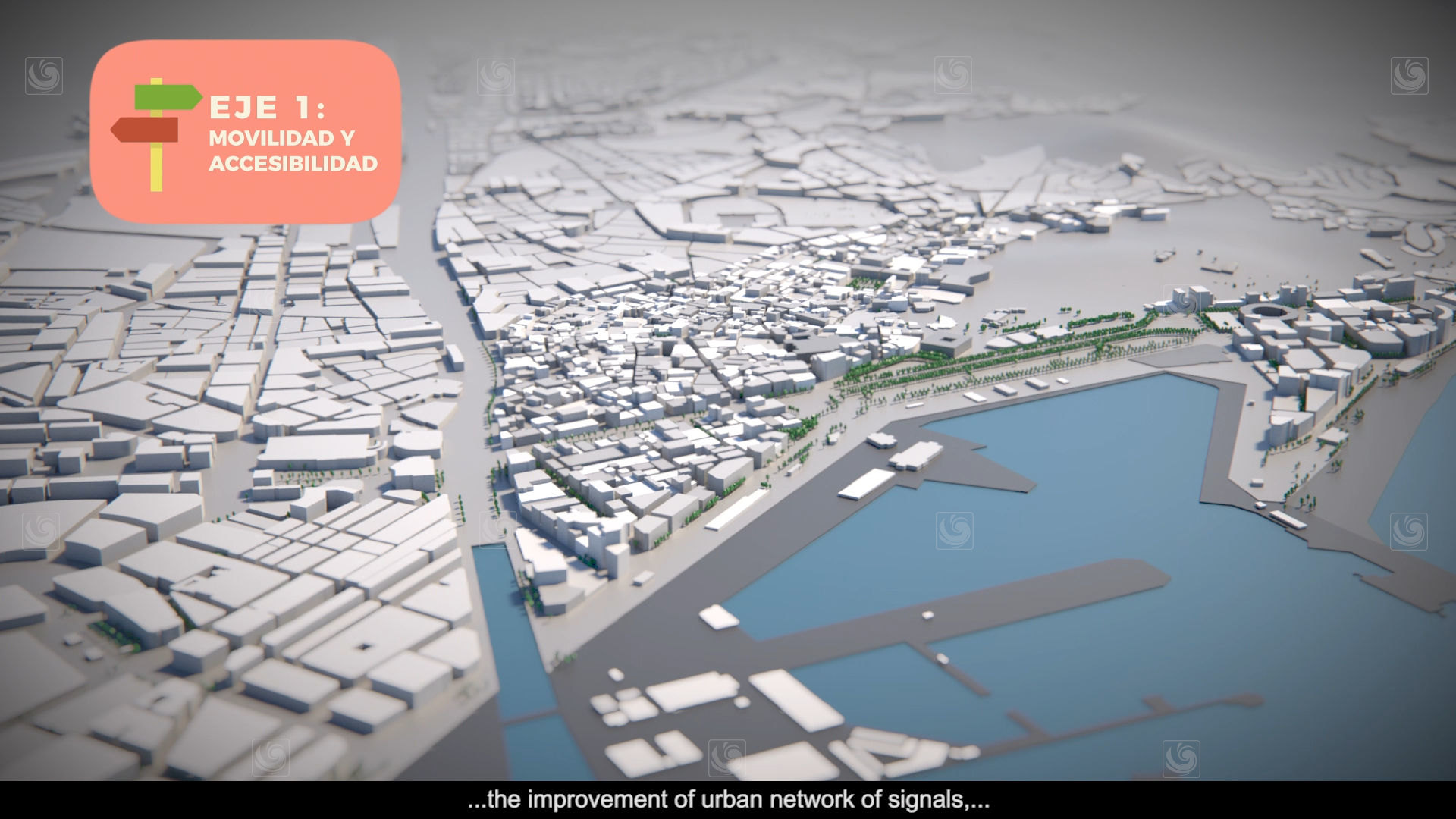 3D animation frame showing the city of Malaga