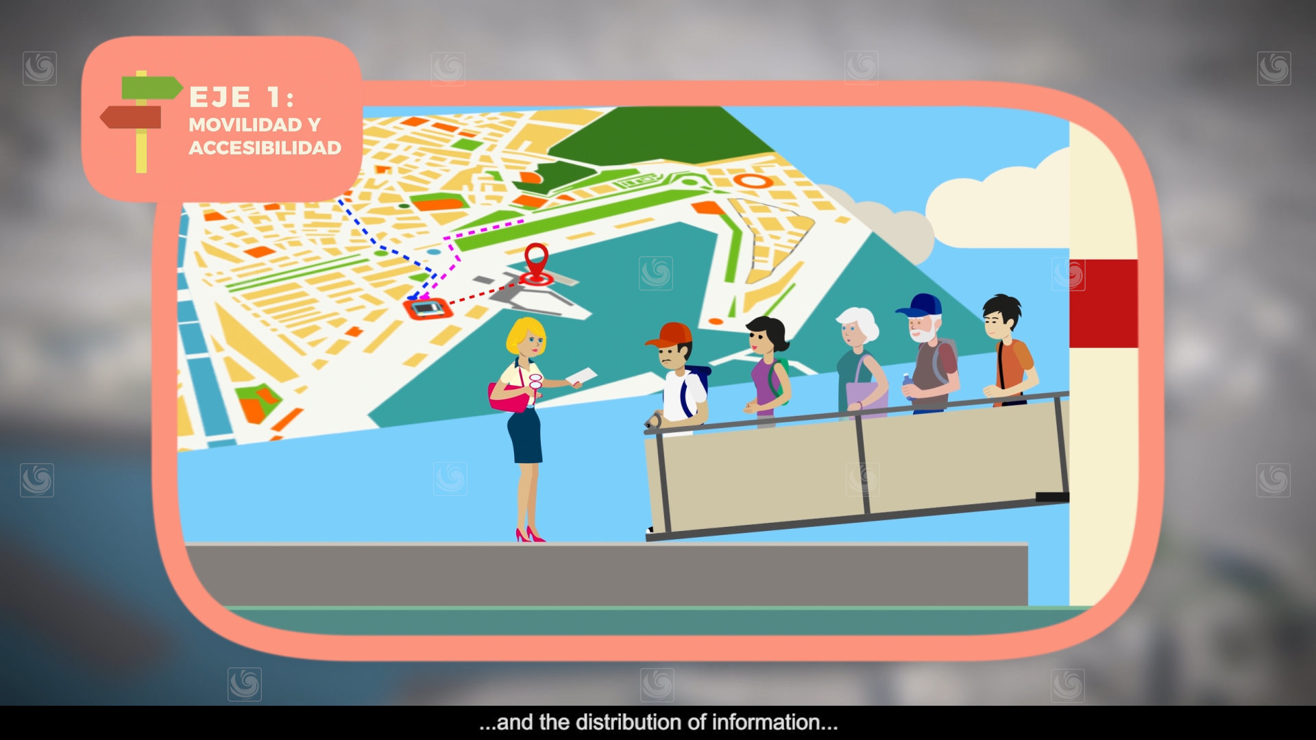 Fotograma de animación 2D mostrando un grupo de turistas descendiendo de un crucero