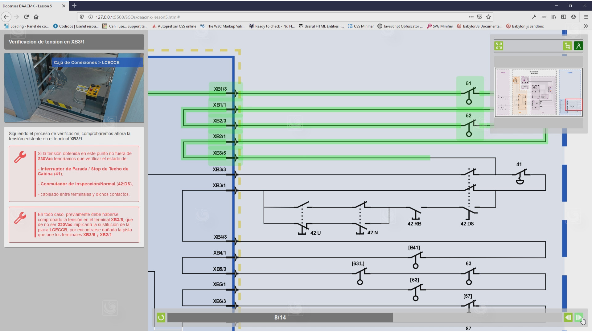 Interactive electrical diagram corresponding to an elevator control