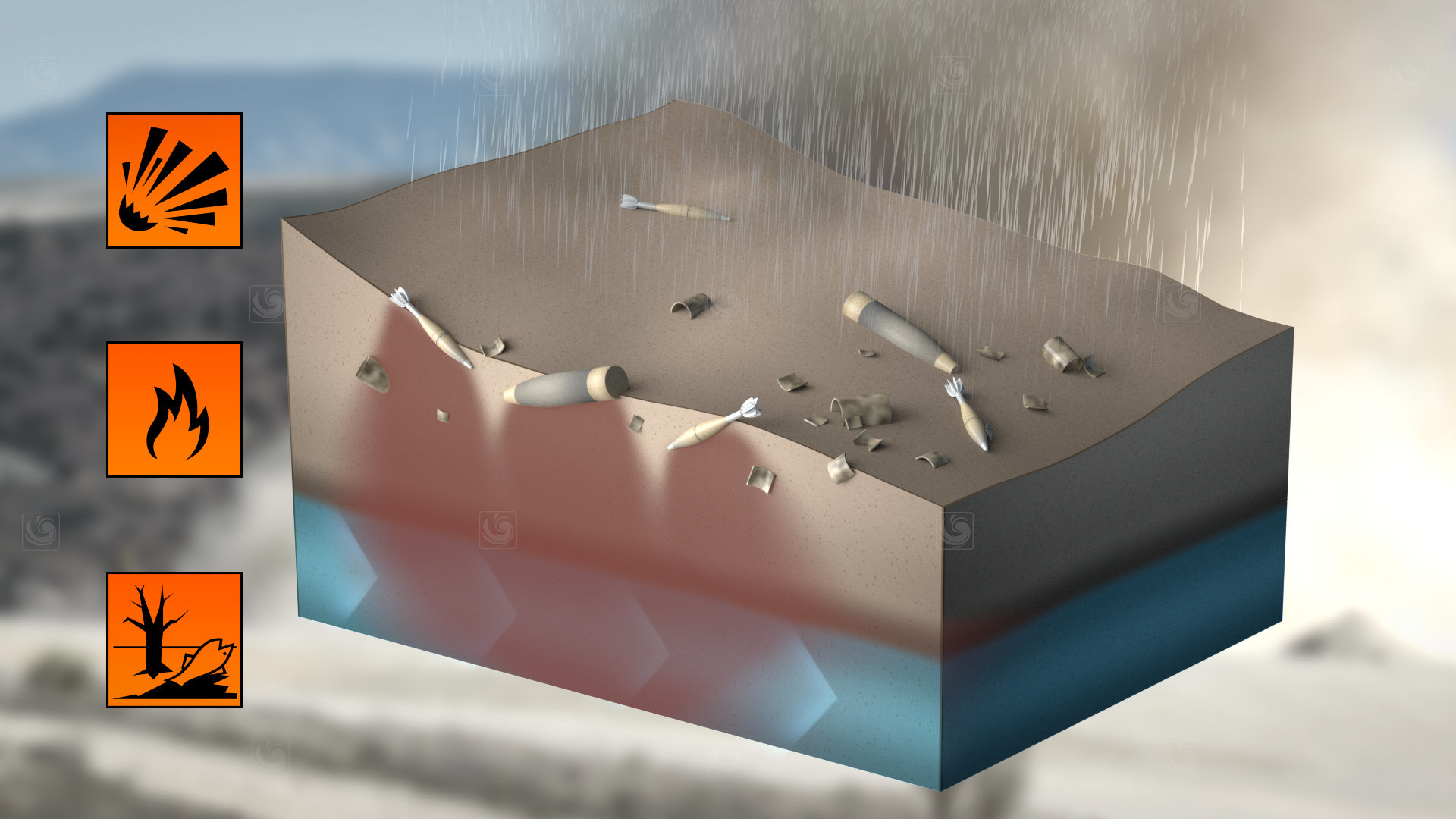 Fotograma de animación 3D mostrando distintos peligros por contaminación de suelos