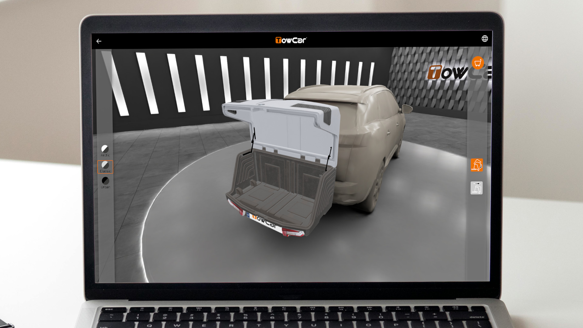 Showroom de realidad virtual mostrando un TowBox V3 con acabado Classic