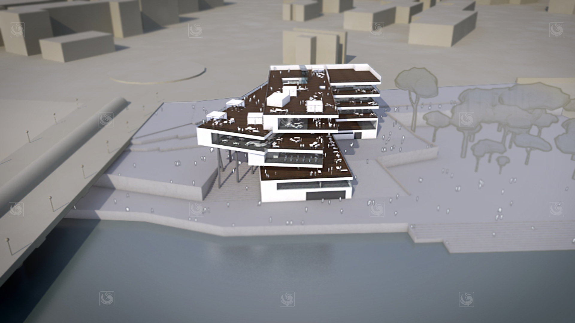 3D animation frame of a general view of the River Hall Center building, next to the Ebro as it passes through Saragossa.
