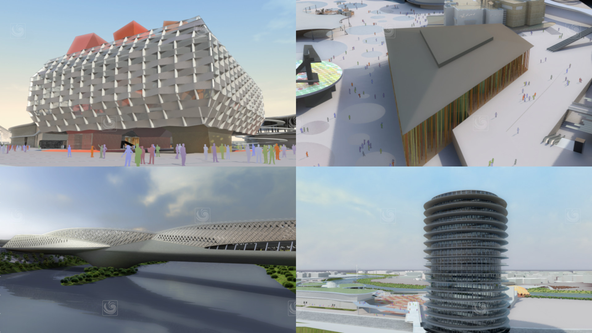 Fotograma de animación 3D mostrando distintos pabellones de la Expo 2008, celebrada en Zaragoza