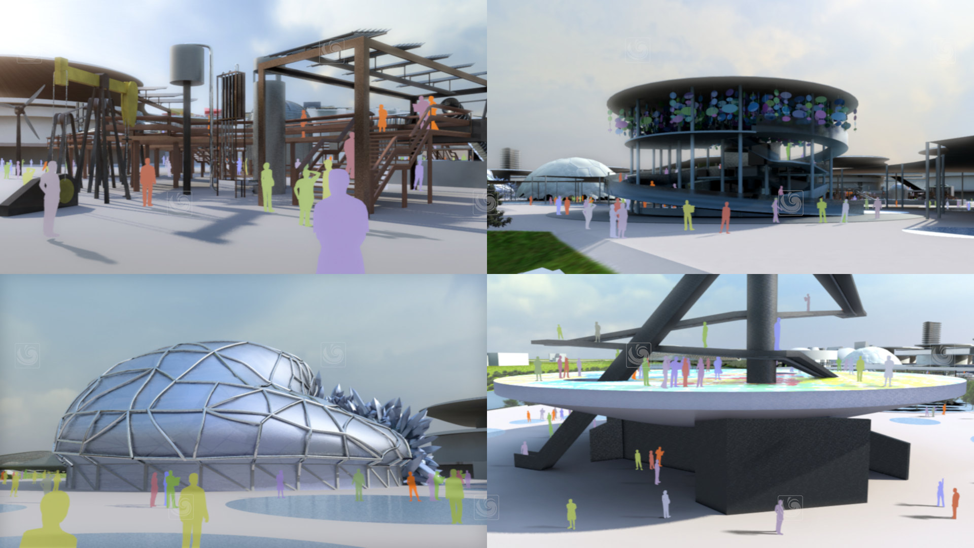 Fotograma de animación 3D mostrando distintas plazas públicas de la Expo 2008, celebrada en Zaragoza