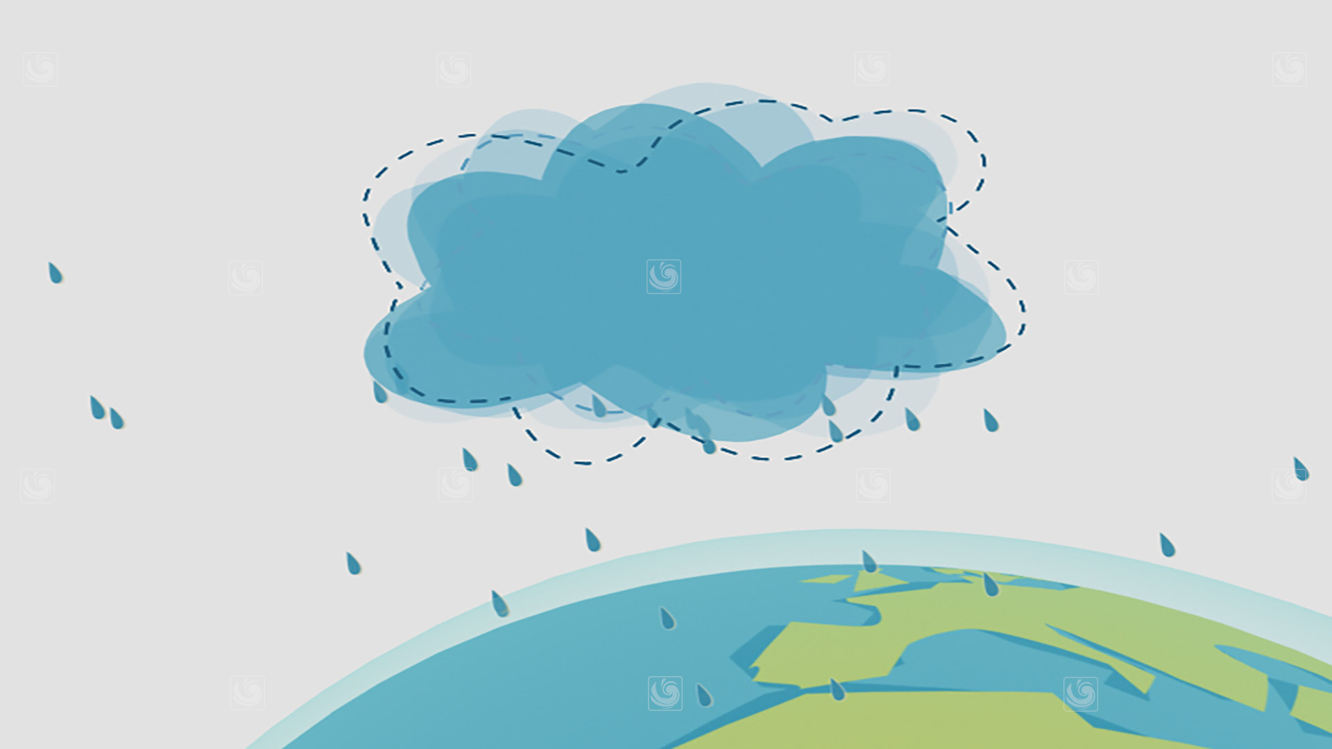 Fotograma de animación 2D mostrando como el agua de lluvia cae desde las nubes
