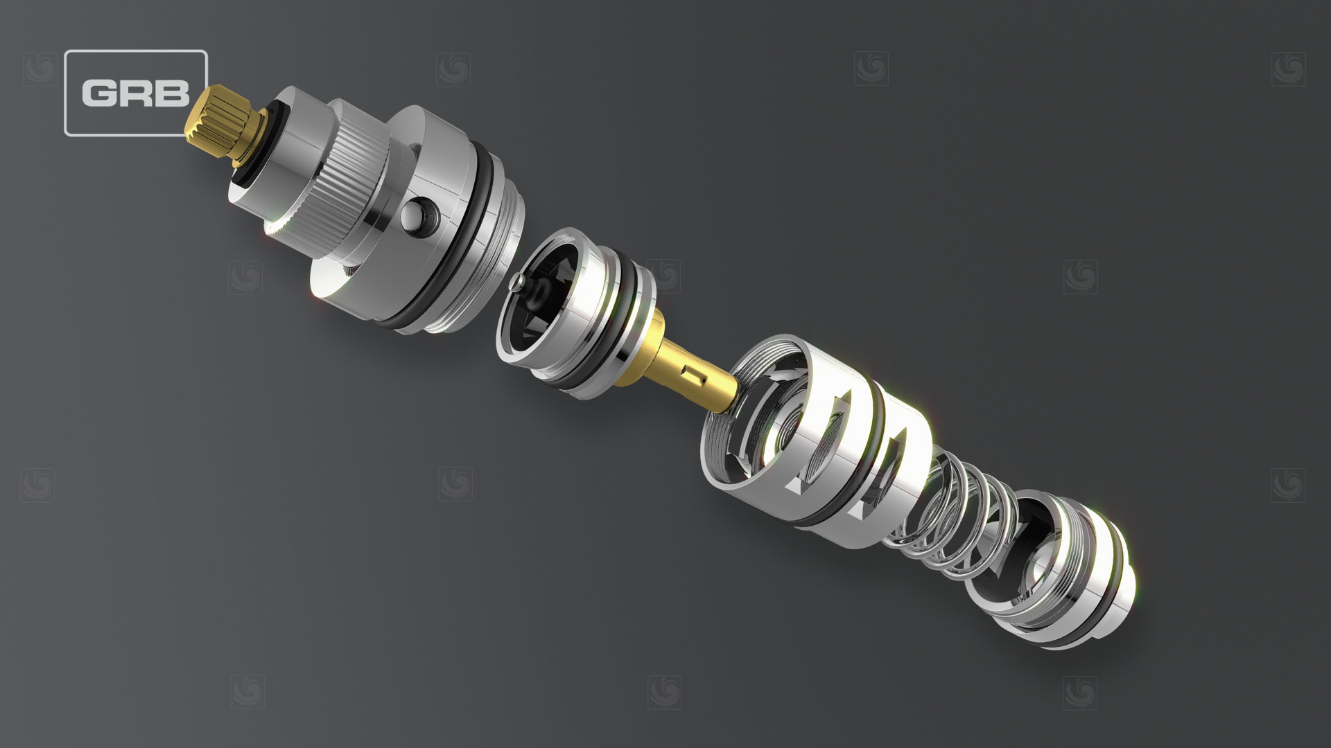 Photorealistic 3D animation frame showing the exploded view of a thermostatic mixing cartridge