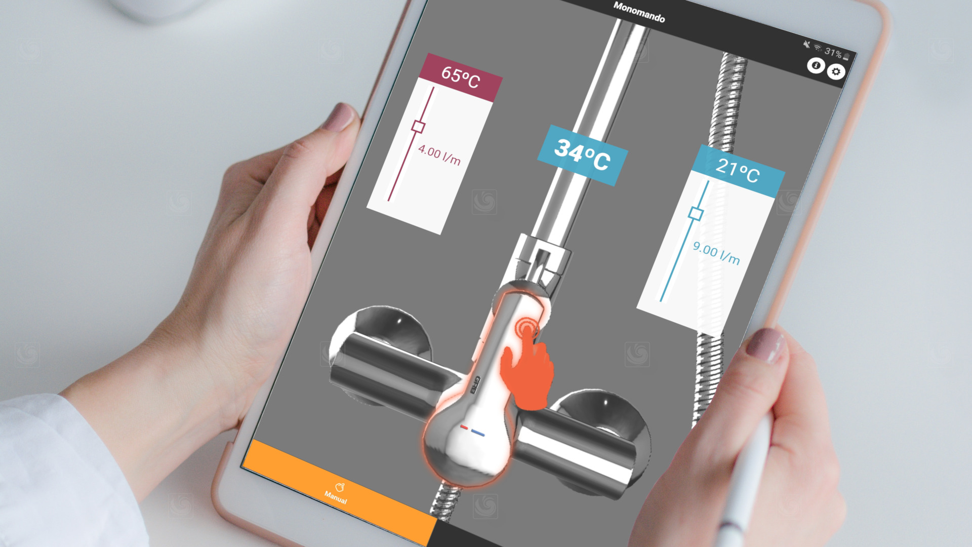 Tablet running simulator app of single-lever and thermostatic mixing cartridges
