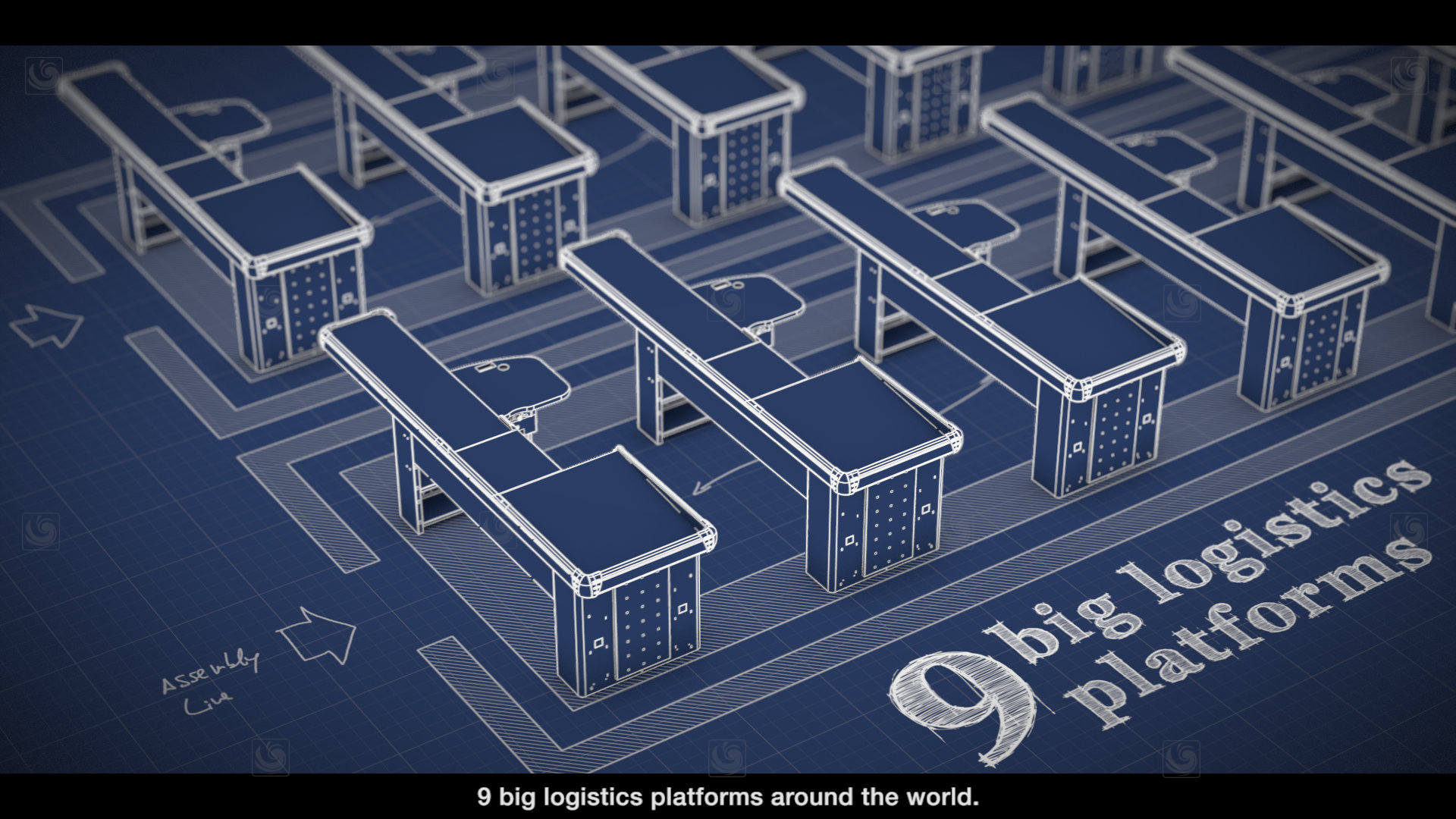 Fotograma de vídeo corporativo mostrando la configuración de una tienda mediante animación 3D