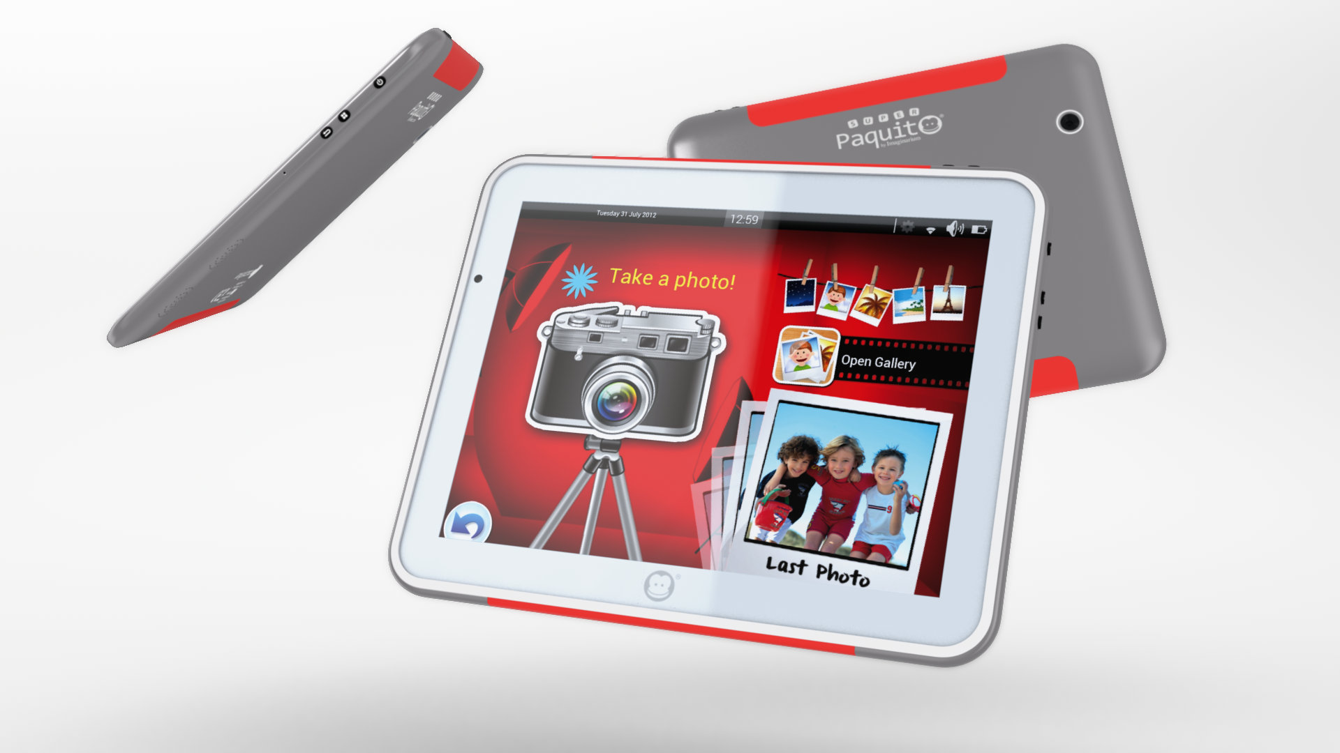 3D animation frame with different views of the Super Paquito tablet