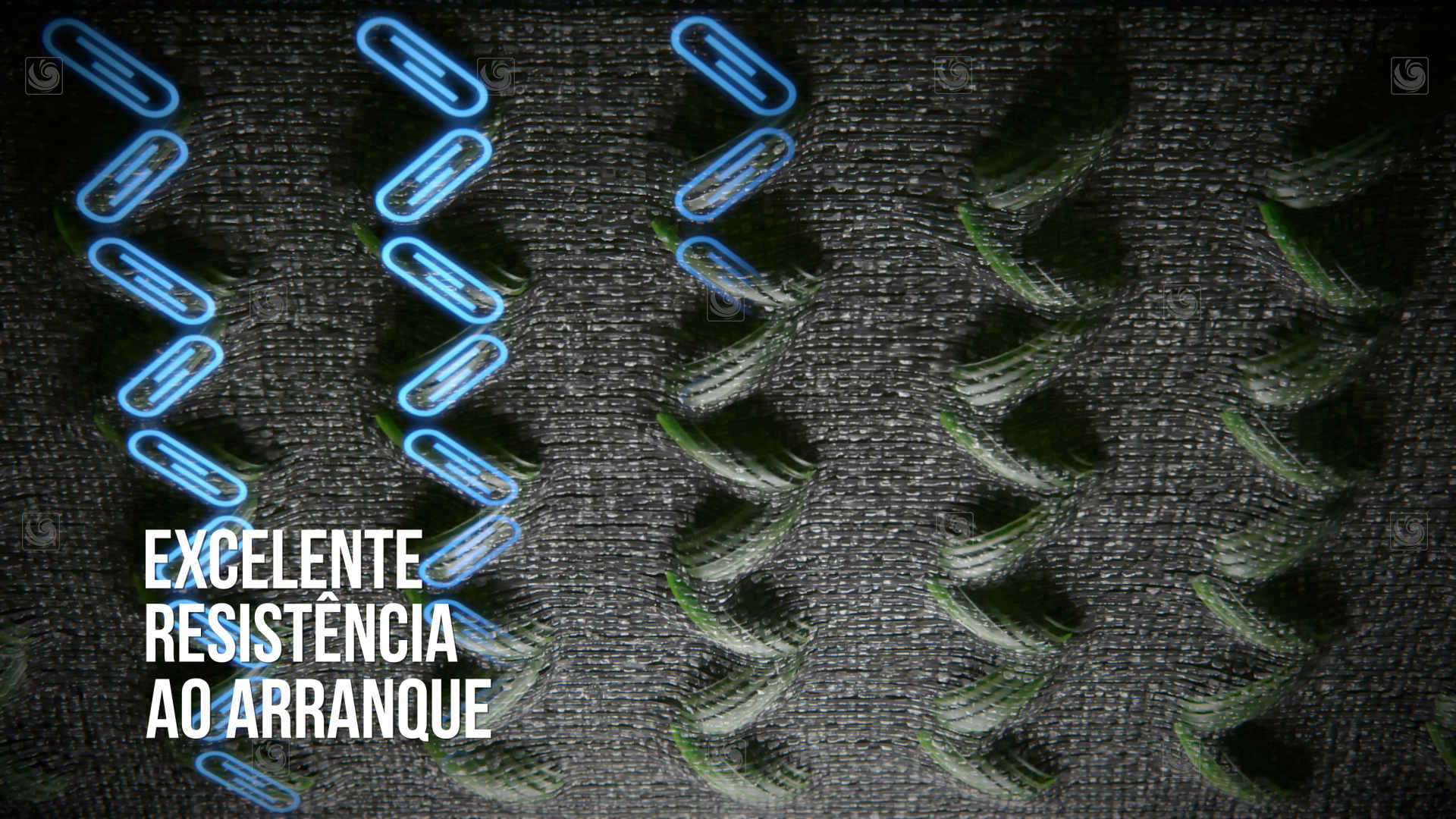 Fotograma de animación 3D mostrando el detalle del cosido de las fibras de un césped artificial