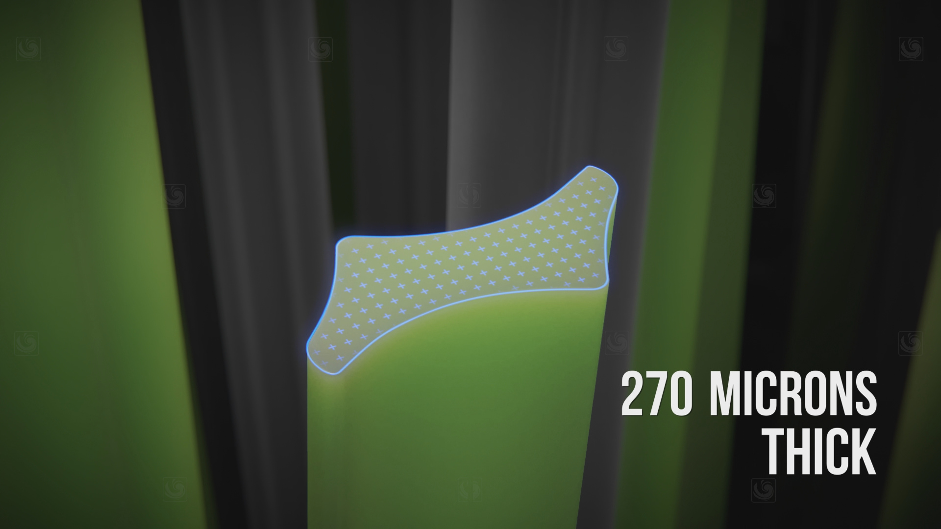 3D animation frame showing the synthetic fibers of an artificial turf of Mondo
