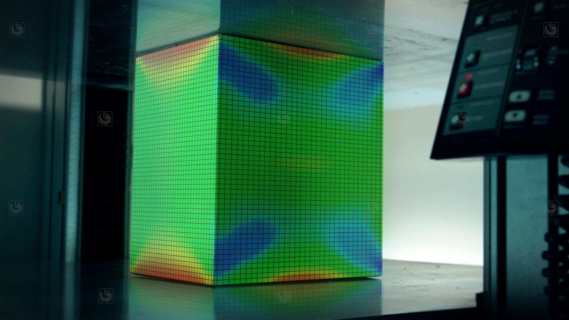 Fotograma de postproducción, mostrando un patrón de colores sobre una caja de cartón