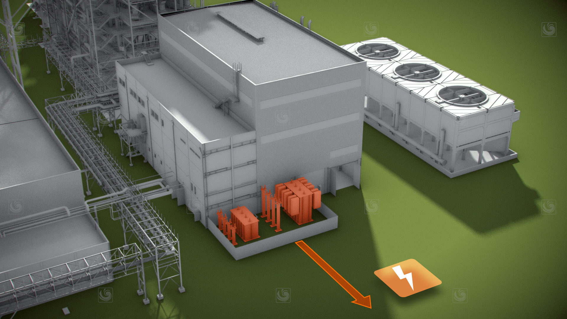 Fotograma de animación 3D mostrando un vuelo sobre distintas instalaciones de la Planta de Valoración de Energía de SAICA