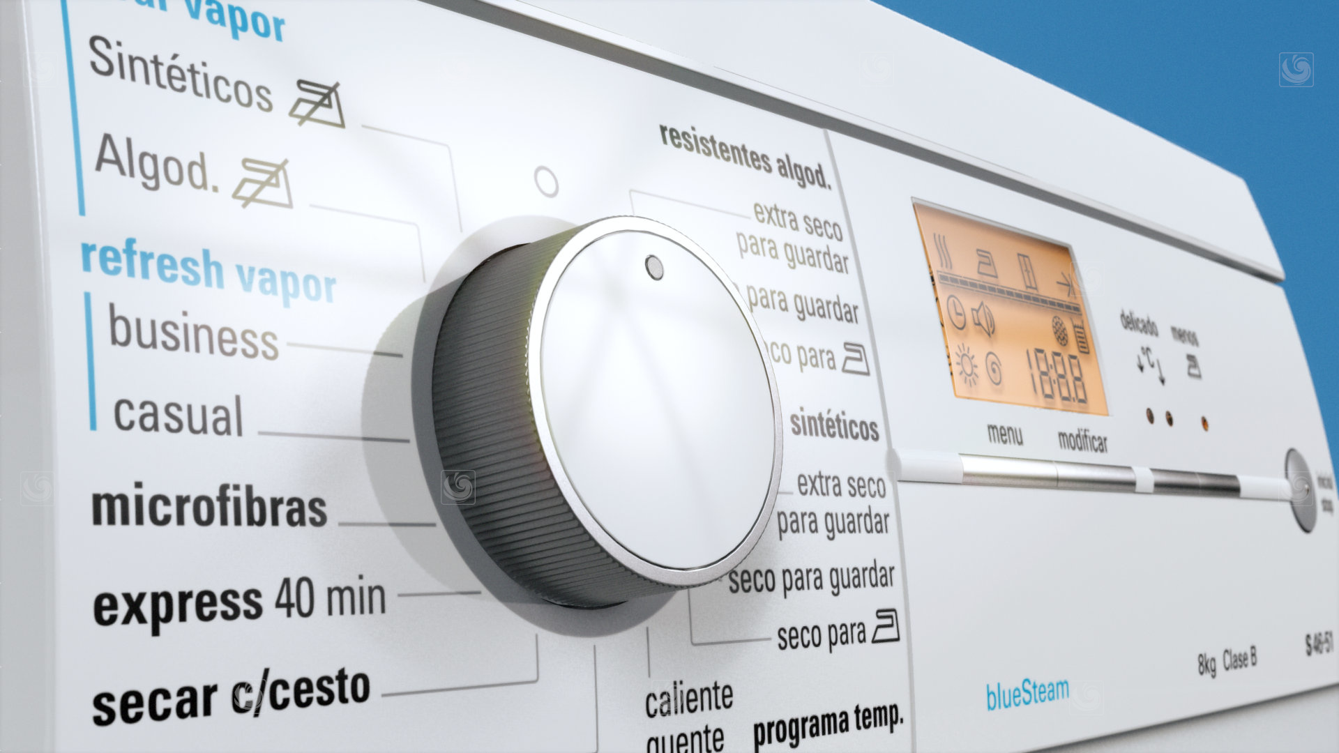 Fotograma de animación 3D mostrando detalles de los controles de una secadora Siemens