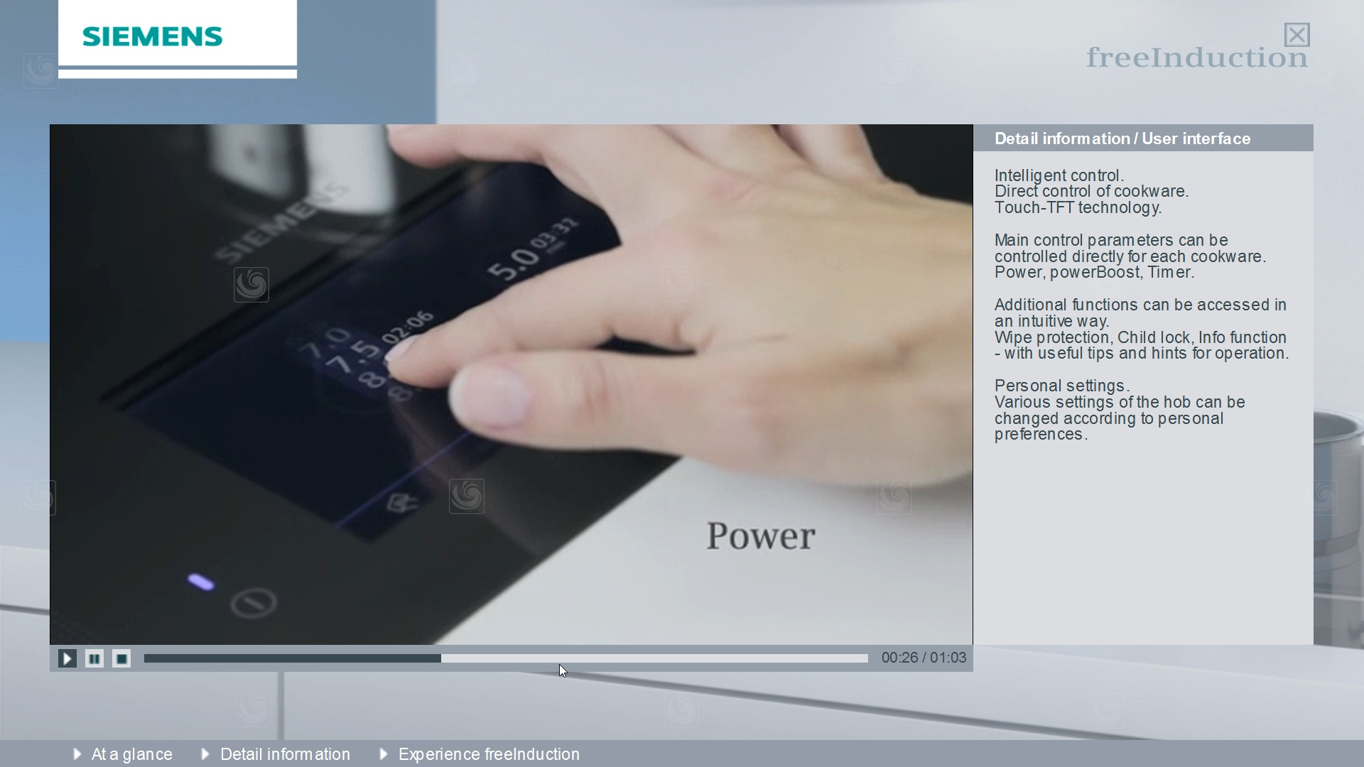nduction cooktop explanatory video playback functionality, in a web app developed for Bosch and Siemens